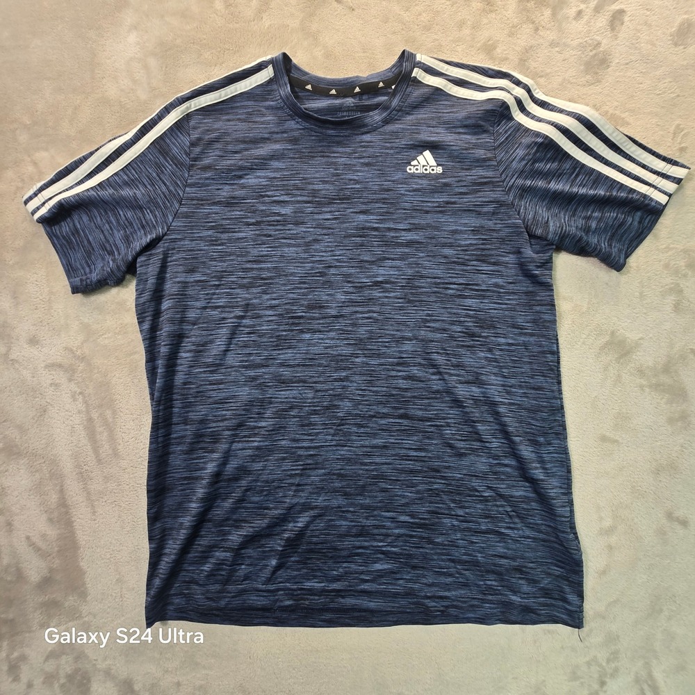 Adidas Aeroready Primegreen Mens Medium Blue Heathered 3-Stripe Training Tee